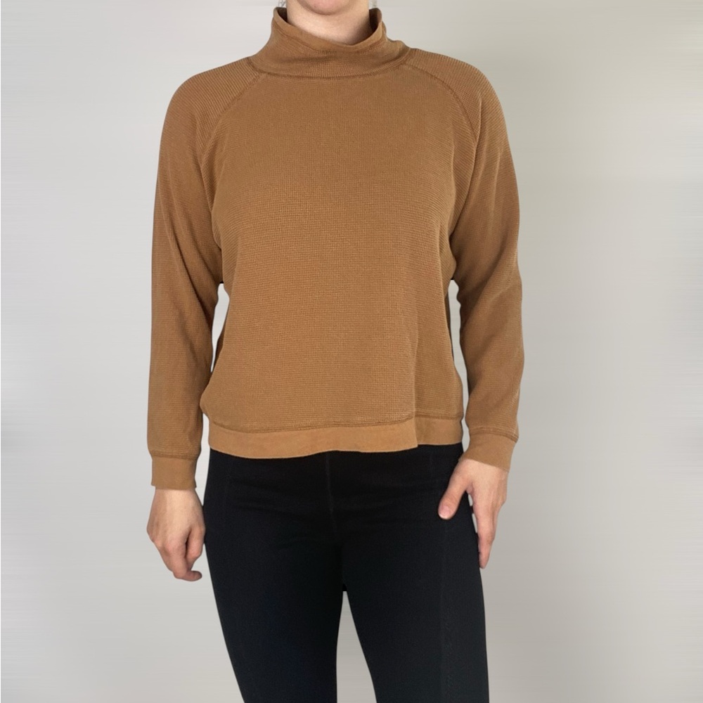 AVENTURA Organic Cotton Tiffi Cowl Neck in Tobacco Brown Relaxed‎ Waffle Knit